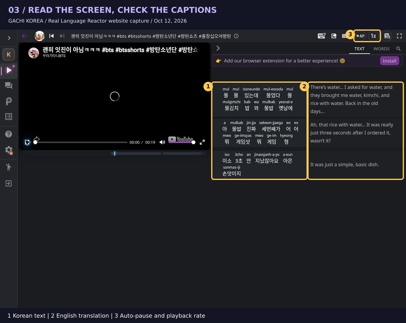 Real BTS-related learning page showing Korean text, English translation, and the AP and playback-rate controls.