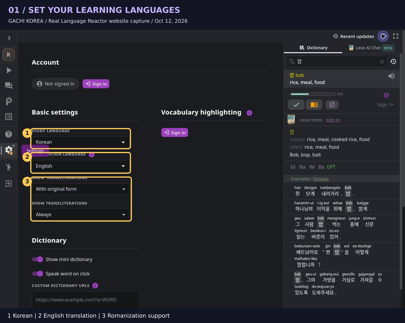 Real Language Reactor settings with Korean study language, English translation language, and romanization options numbered.