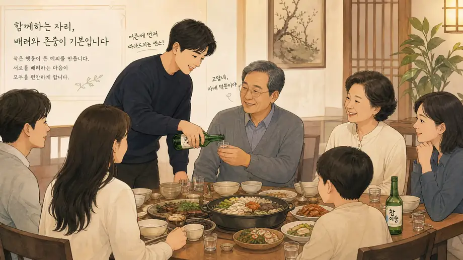 Korean dinner gathering showing respectful age-based interaction