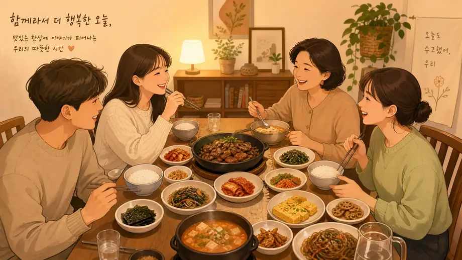 Korean family dinner table with banchan side dishes