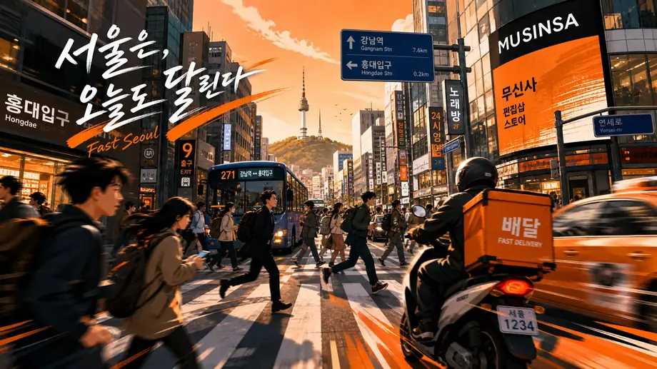 Busy Seoul street with fast-moving people and delivery motorcycles