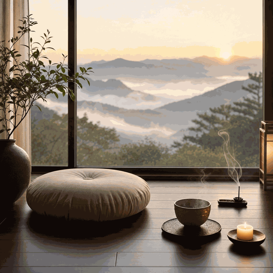 Meditation cushion with incense smoke and mountain sunrise view for yoga practice