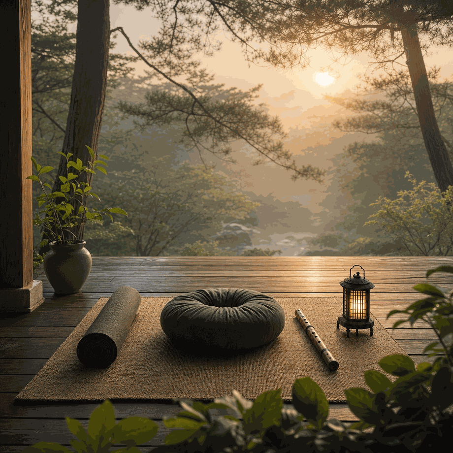 Outdoor Korean meditation space with yoga mat, zafu cushion, daegeum flute and lantern at sunrise