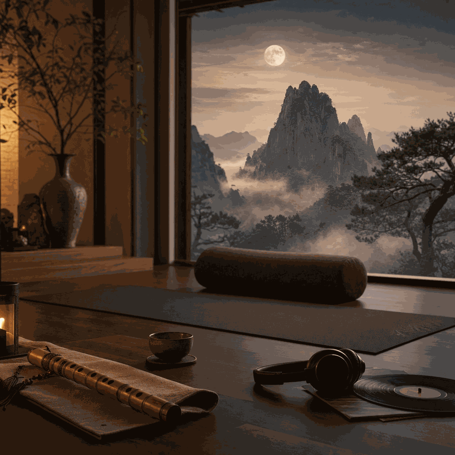 Korean yoga meditation space with daegeum flute and headphones under moonlight
