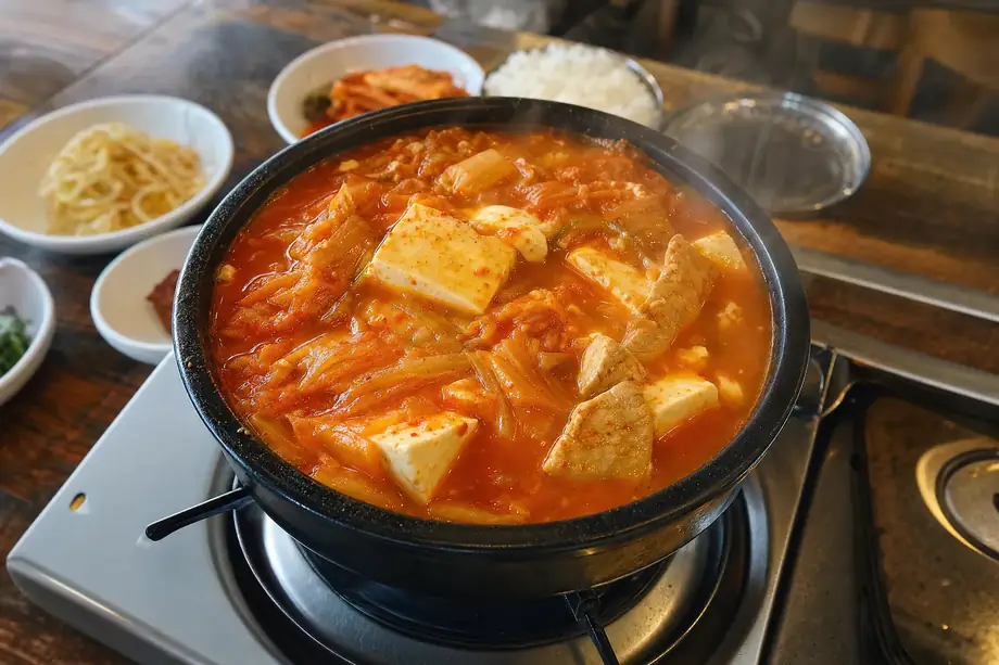 Kimchi jjigae Korean kimchi stew bubbling in stone pot with tofu and pork