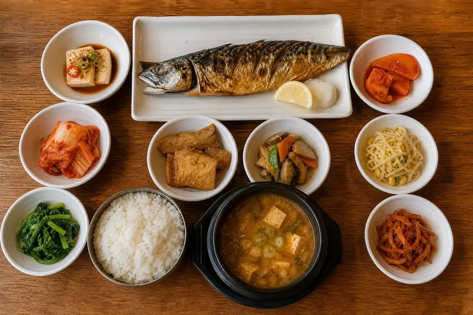 Korean grilled fish set meal 생선구이 정식 with rice and side dishes