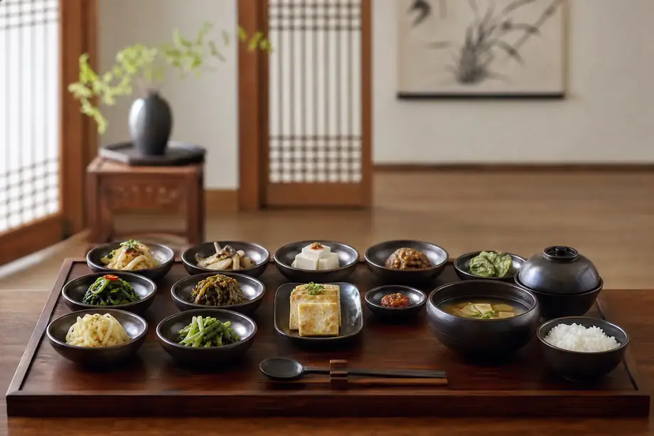 Korean Buddhist temple food baru gongyang spread with small lacquered bowls